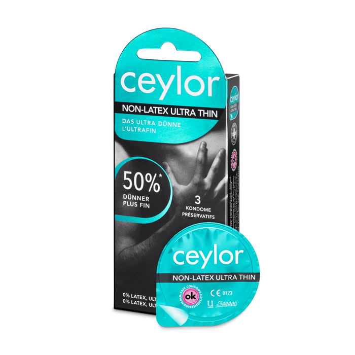 Ceylor «Non-Latex Ultra Thin» 3 ultra thin, latex free condoms for allergics (50% thinner), hygienically sealed in condom pods